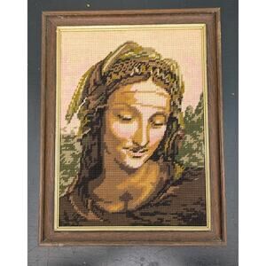 Framed Petit Point Needlepoint Lady's Portrait, Wall Plaque, Framed France